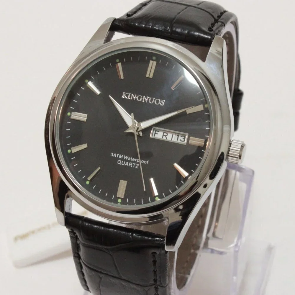Men's Contemporary Dress Watch Silver Case Black Leather Watch Strap 40mm
